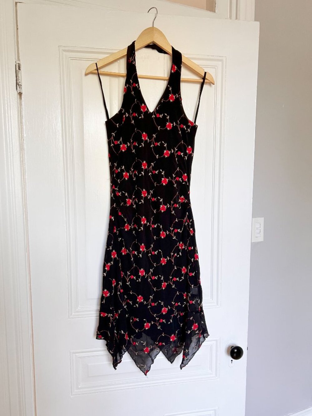 Vintage Y2K Black and Red Floral Mesh Halter Dress